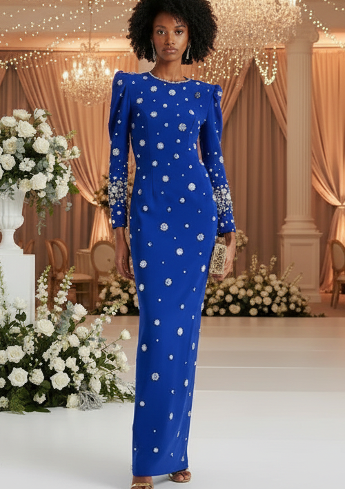 HOT STYLE | HIGH STREET｜Luxurious Beaded Long Sleeves Maxi Dress; S/M/L/XL/XXL/XXXL