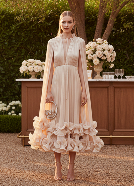 Bridal Dress ｜ Exquisite Ruffle Cape Sleeves Cocktail Party Dress; Customized Colours & Sizes