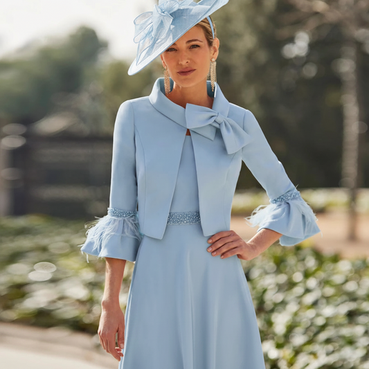 Elegant Mother of the Bride Party 3-Piece Outfits Round Neck 3/4 Sleeves Beadings A-Line Skirt; Customization Plus Size
