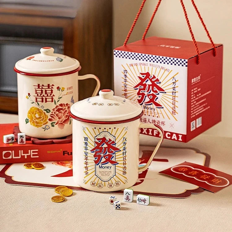 WEDDING HOUSEWARMING GIFTS | DOUBLE HAPPINESS FLORAL Enamel Cups and Cooking Pots with Lid