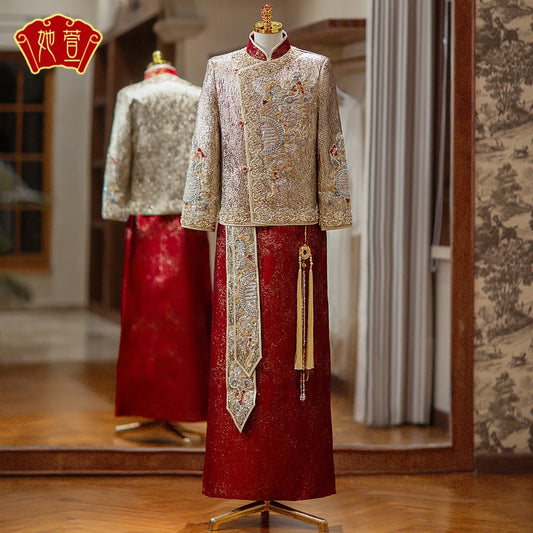 Luxury Textured Satin DOUBLE HAPPINESS Appliqué Cheongsam Sets for the Groom in Gold Colour; 2XL Plus Size