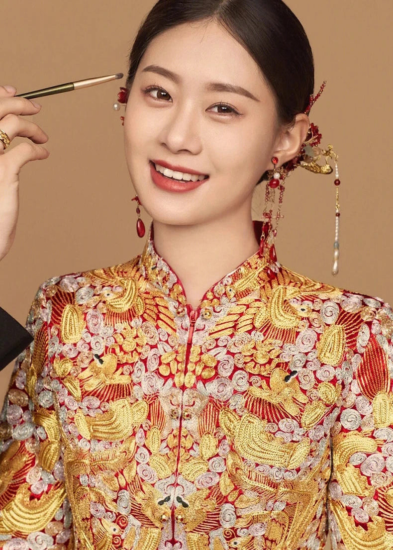 BRIDAL DRESS | 2026AW Traditional Embroidered Rhinestones Golden Dragon And Phoenix on Satin Bridal Cheongsam