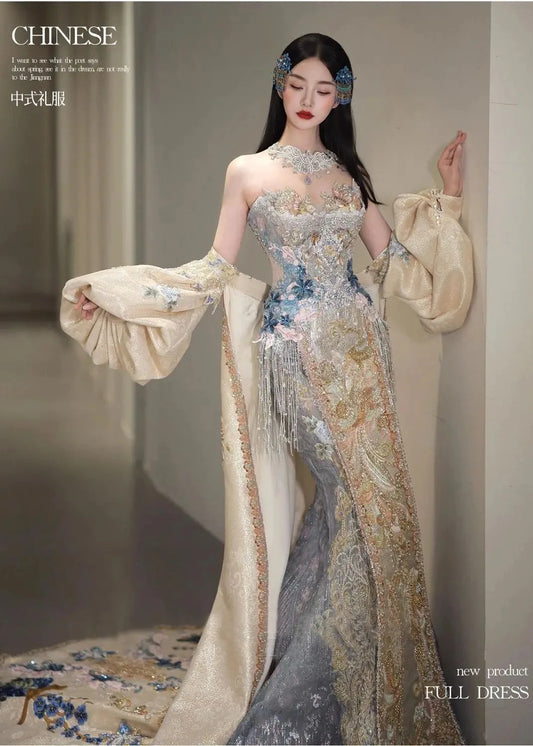 PROM DRESS ｜ 2026SS Asian Princess Style Chiffon Embroidered Floor Length Evening Party Dress with Detachable Robe