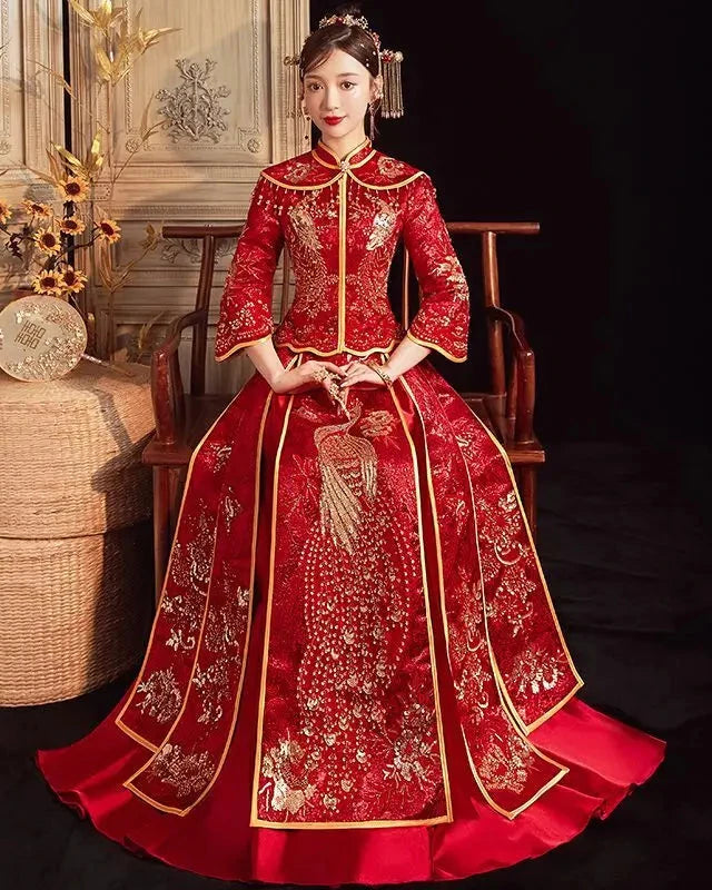 2026 BRIDAL DRESS | Elegant Champagne Satin Slim Fit Sequins Embroidered Chinese Wedding Cheongsam and Skirt; 2XL Plus Size