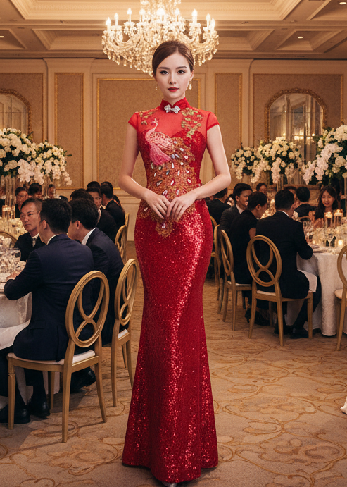 Oriential Style Embroidered Sequin Cap Sleeves Maxi Trumpet Dress in 6 Colours; 3XL Plus Size