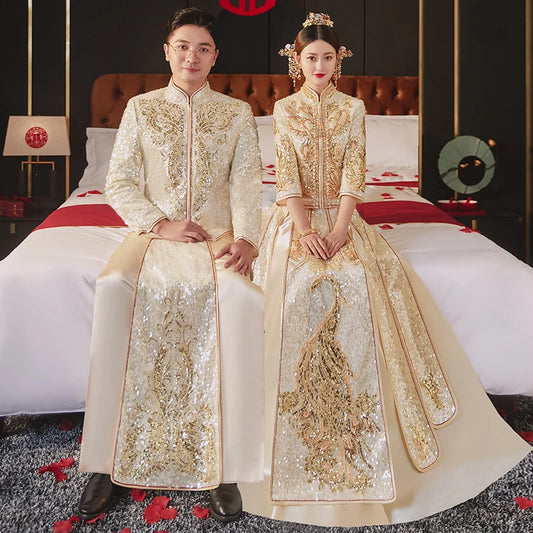 Polyester Sequins Dragon and Phoniex Appliqué Champagne-colored Traditional Wedding Cheongsam for Bride and Groom; 5XL Plus Size