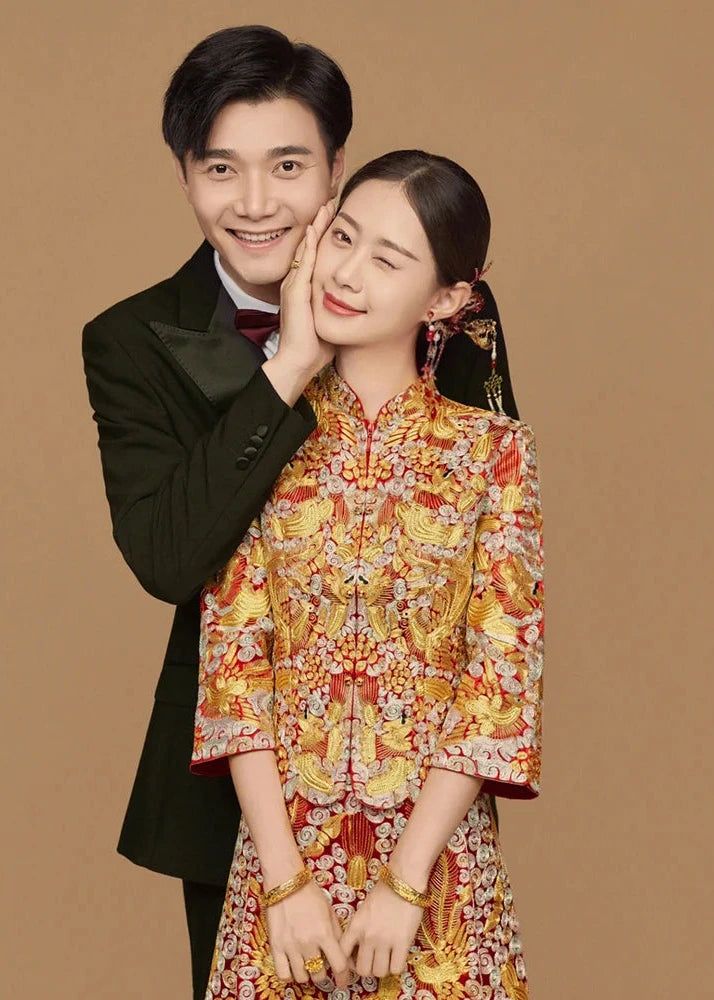 BRIDAL DRESS | 2026AW Traditional Embroidered Rhinestones Golden Dragon And Phoenix on Satin Bridal Cheongsam