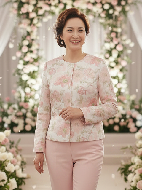 2026 Mother of Bride Round Necked Floral Jacquard Beaded Embroidered Long Sleeve Cropped Top