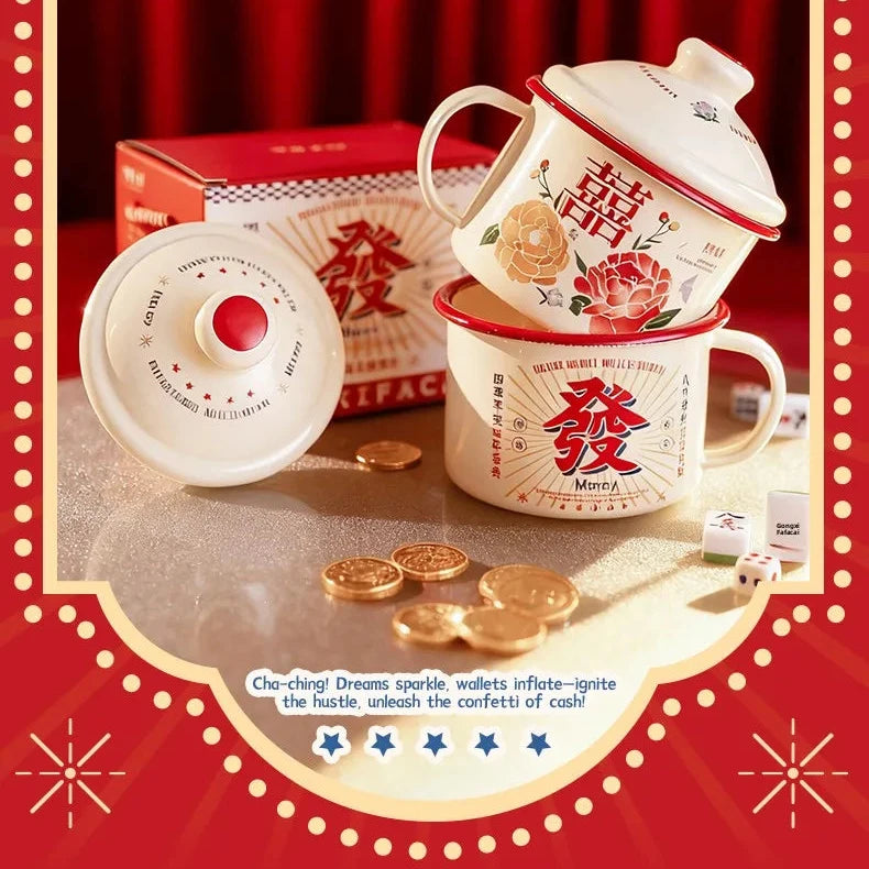 WEDDING HOUSEWARMING GIFTS | DOUBLE HAPPINESS FLORAL Enamel Cups and Cooking Pots with Lid