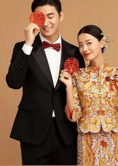 BRIDAL DRESS | 2026AW Traditional Embroidered Rhinestones Golden Dragon And Phoenix on Satin Bridal Cheongsam