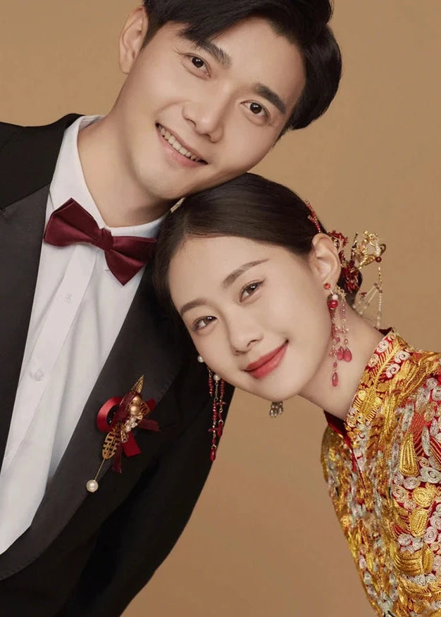 BRIDAL DRESS | 2026AW Traditional Embroidered Rhinestones Golden Dragon And Phoenix on Satin Bridal Cheongsam