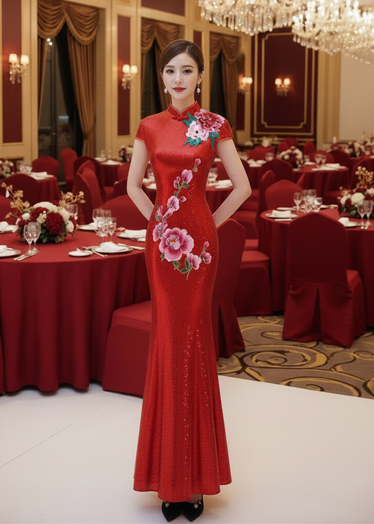 BRIDAL DRESS ｜ Sequins Embroidered Floral Trumpet Cheongsam in 6 Colours; 5XL Plus Size