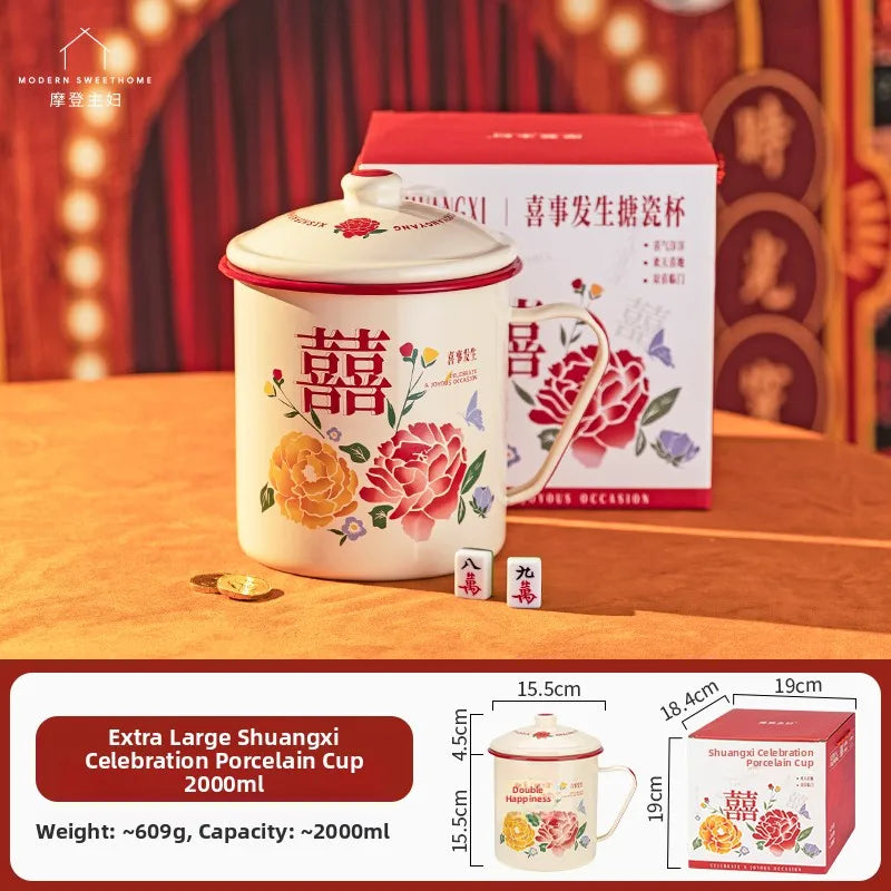 WEDDING HOUSEWARMING GIFTS | DOUBLE HAPPINESS FLORAL Enamel Cups and Cooking Pots with Lid