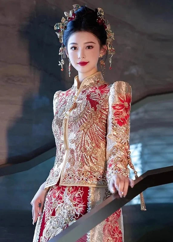 BRIDAL DRESS | 2026 Latest Style,  Satin Jacquard Embroidered Gold and Sliver Phoenix Double Happiness Florals Slim Fit Maxi Wedding Dress; 2XL Plus Size