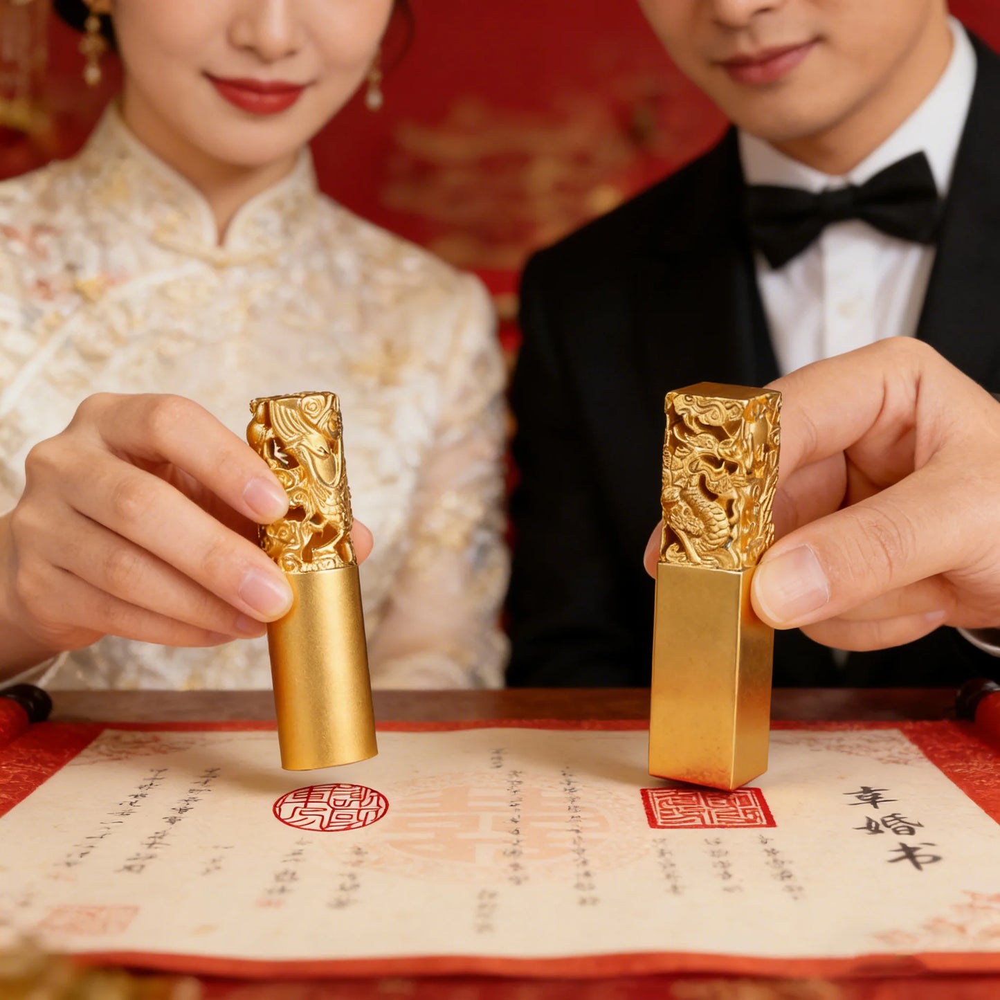 CADEAU DE MARIAGE | Cachets avec nom de dragon et phénix dorés gravés et personnalisés (Veuillez préciser la police préférée ci-dessous)