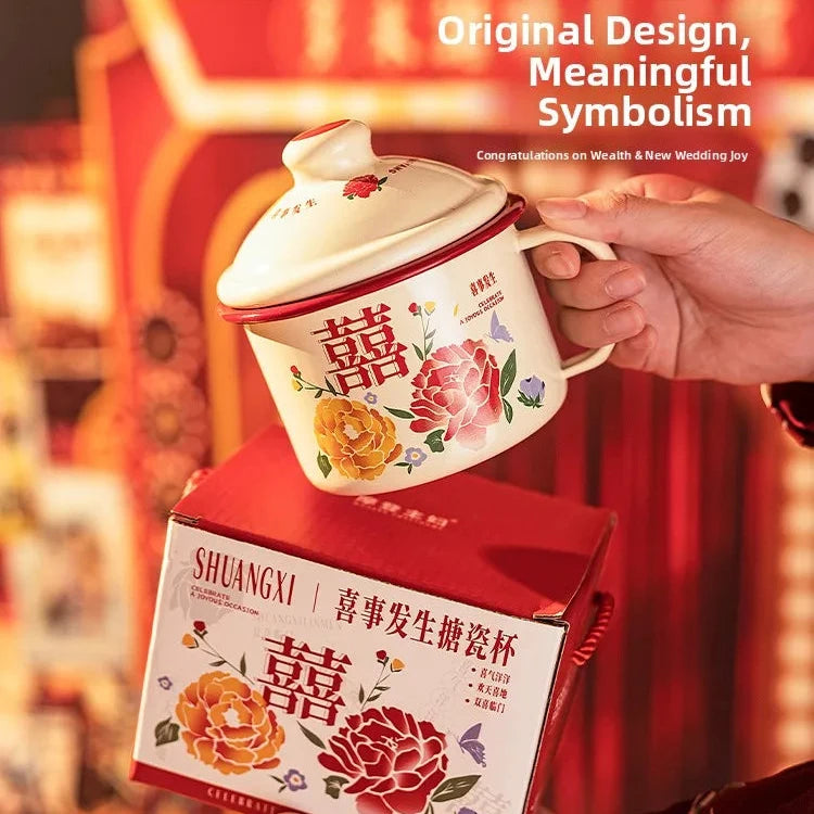 WEDDING HOUSEWARMING GIFTS | DOUBLE HAPPINESS FLORAL Enamel Cups and Cooking Pots with Lid