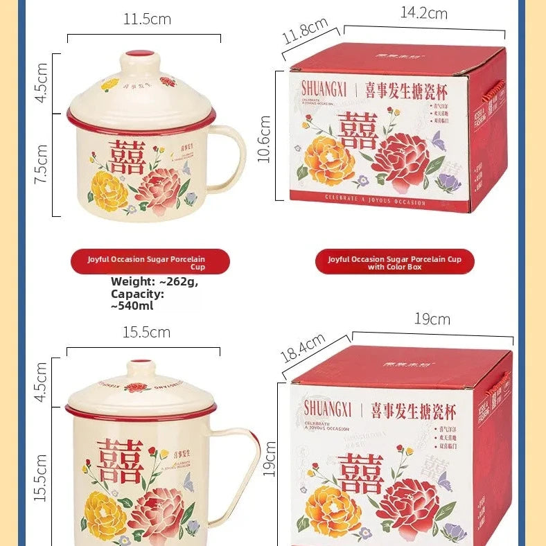 WEDDING HOUSEWARMING GIFTS | DOUBLE HAPPINESS FLORAL Enamel Cups and Cooking Pots with Lid