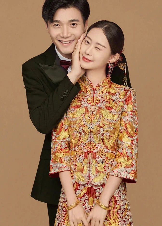 BRIDAL DRESS | 2026AW Traditional Embroidered Rhinestones Golden Dragon And Phoenix on Satin Bridal Cheongsam