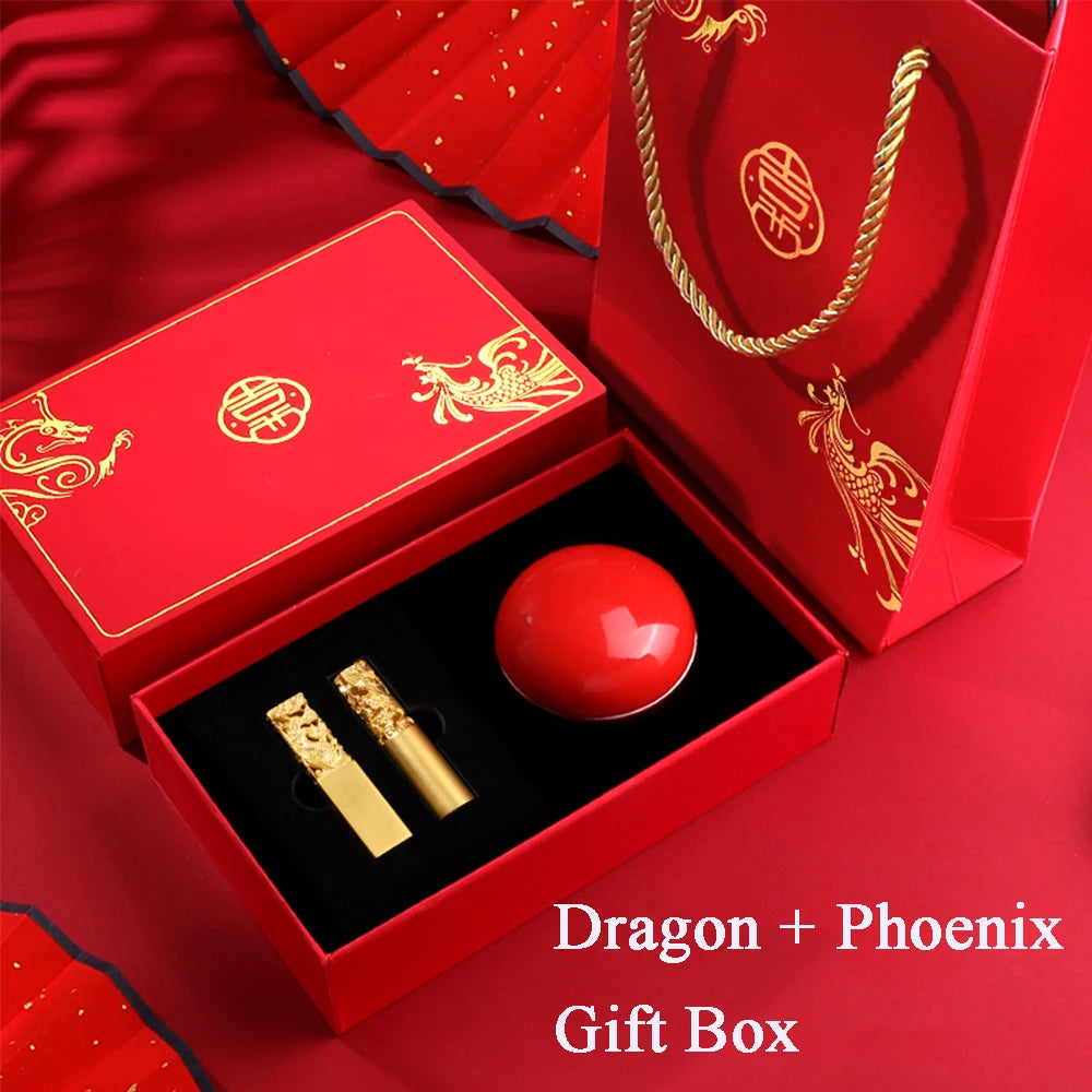 CADEAU DE MARIAGE | Cachets avec nom de dragon et phénix dorés gravés et personnalisés (Veuillez préciser la police préférée ci-dessous)