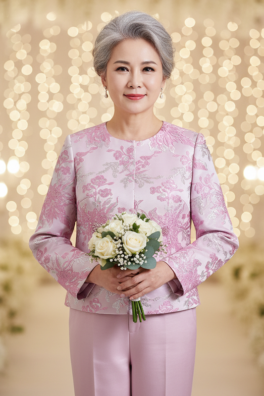 2026 Spring /Autumn Mother of Bride Pink Embroidered Beaded Sequin Jacquard Loose Fit Long Sleeve Cropped Jacket