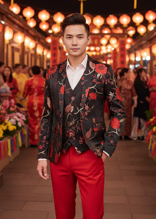 2026 Men's Slim Fit Vintage Asian Embroidery Jacquard 3-piece Suit Set; Wedding Party Celebrations; Blazer Vest Pants in 4 Colours in Extra Small 3XS to 3XL Plus Size
