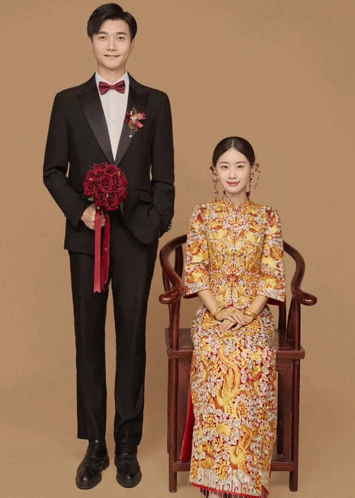 BRIDAL DRESS | 2026AW Traditional Embroidered Rhinestones Golden Dragon And Phoenix on Satin Bridal Cheongsam