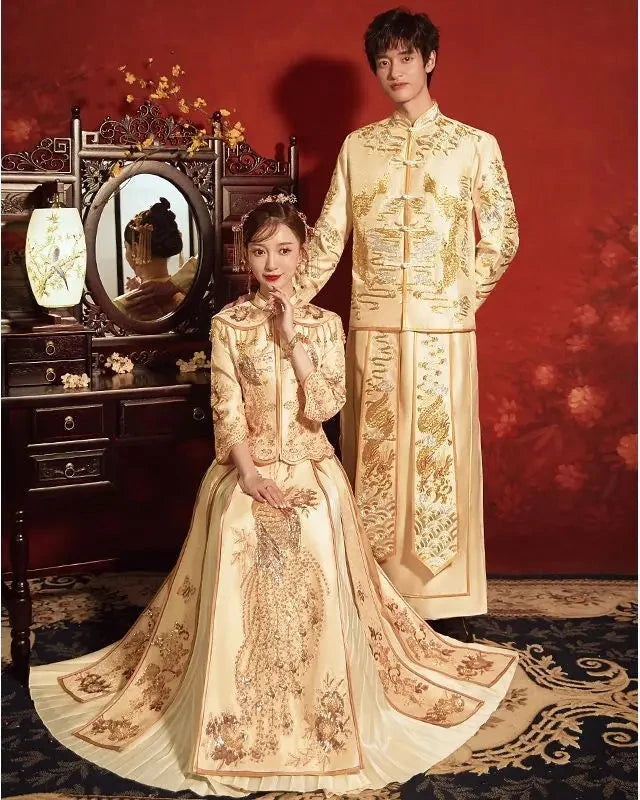 2026 BRIDAL DRESS | Elegant Champagne Satin Slim Fit Sequins Embroidered Chinese Wedding Cheongsam and Skirt; 2XL Plus Size