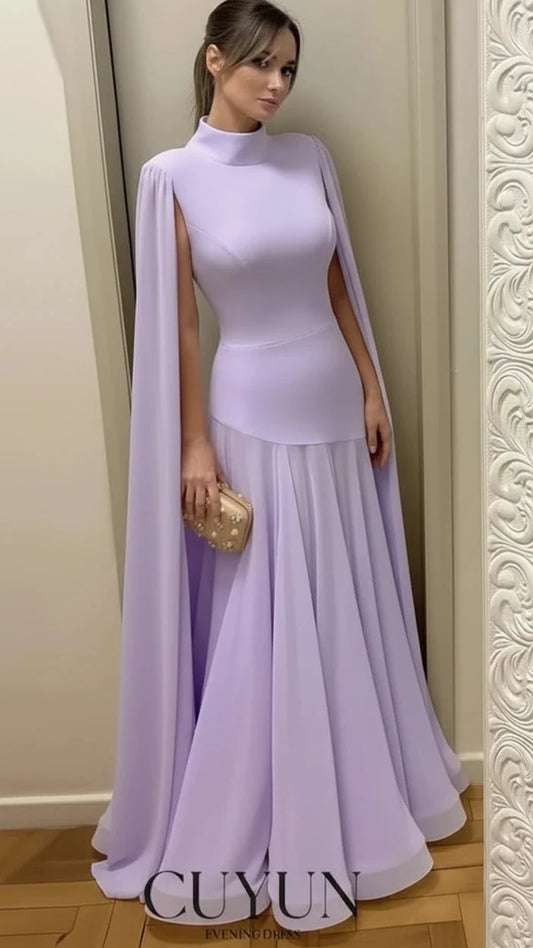 CUYUN Elegant ChiffonMock Neckline Cape Sleeves Patchwork Floor Length Evening Party Dresses; Customization Sizes and Colours