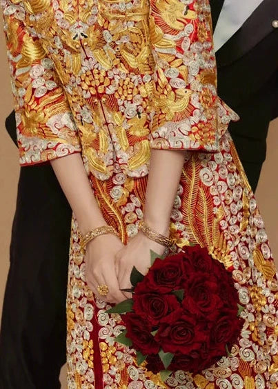 BRIDAL DRESS | 2026AW Traditional Embroidered Rhinestones Golden Dragon And Phoenix on Satin Bridal Cheongsam