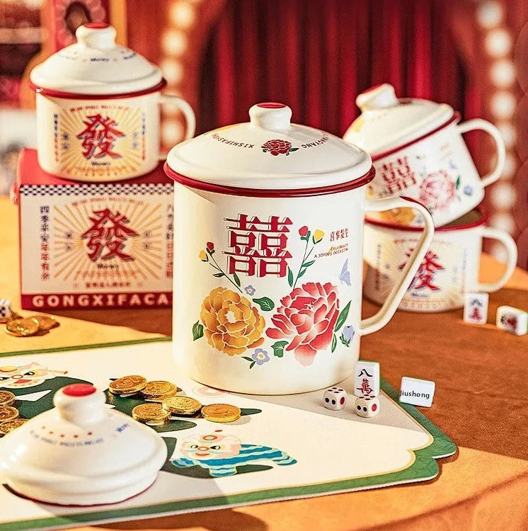 WEDDING HOUSEWARMING GIFTS | DOUBLE HAPPINESS FLORAL Enamel Cups and Cooking Pots with Lid