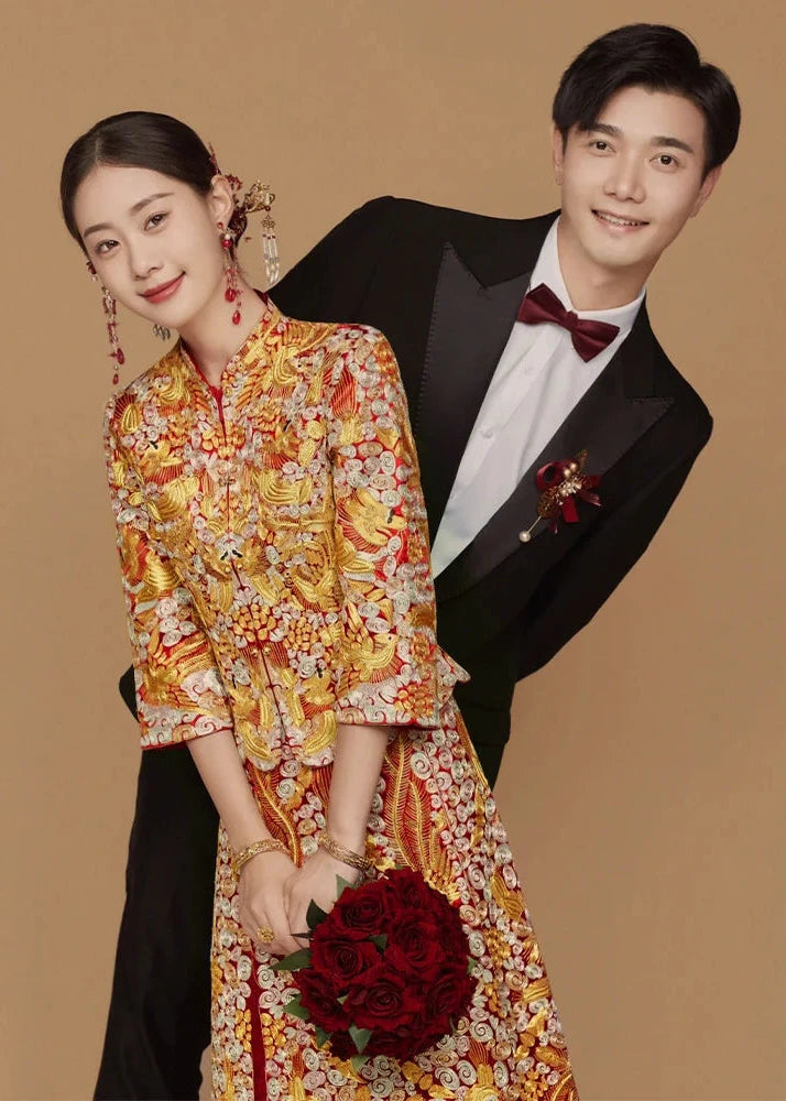 BRIDAL DRESS | 2026AW Traditional Embroidered Rhinestones Golden Dragon And Phoenix on Satin Bridal Cheongsam