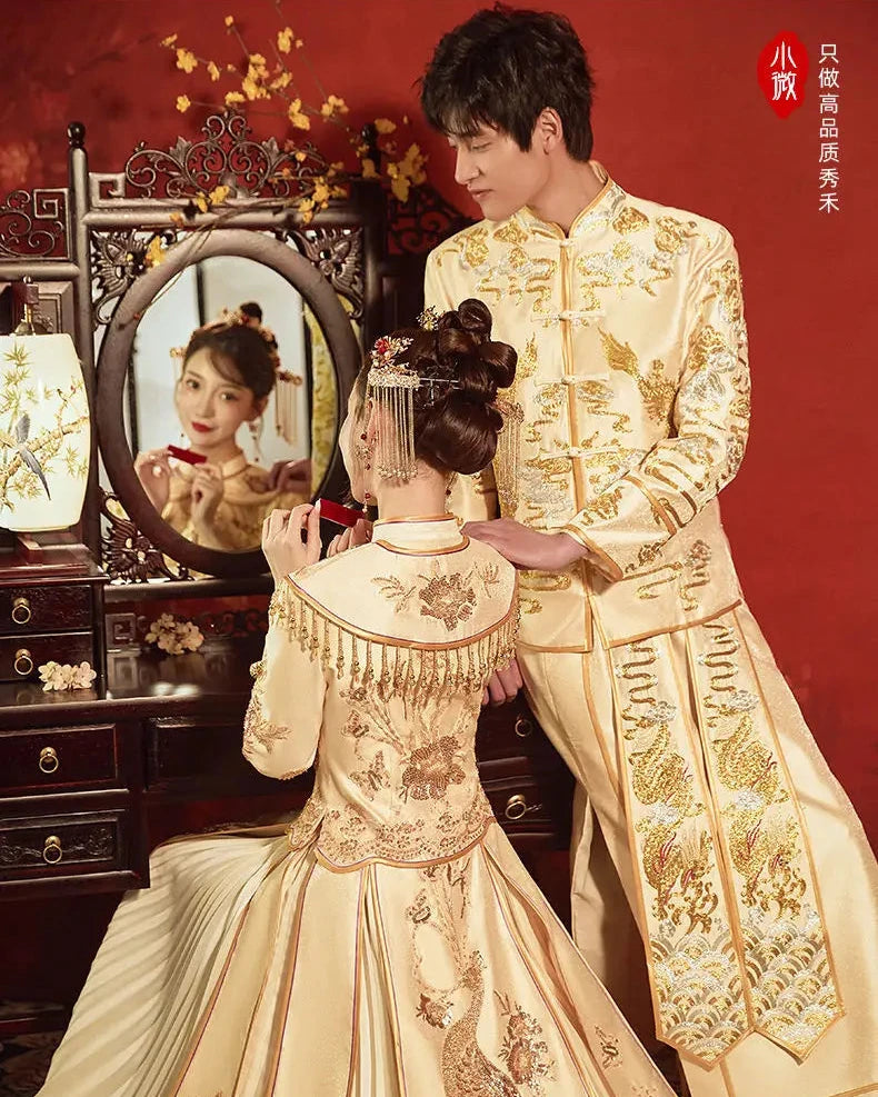 2026 BRIDAL DRESS | Elegant Champagne Satin Slim Fit Sequins Embroidered Chinese Wedding Cheongsam and Skirt; 2XL Plus Size