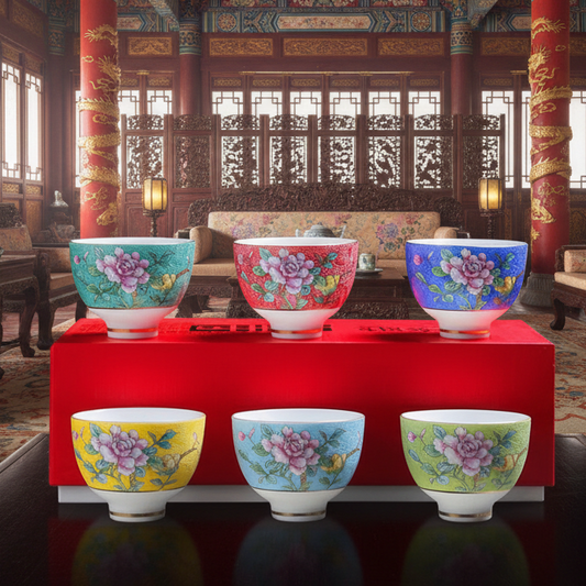 Set of 6 Enamel Coloured Floral Ceramic Kungfu Tea Cups in Round / Triangle Shapes
