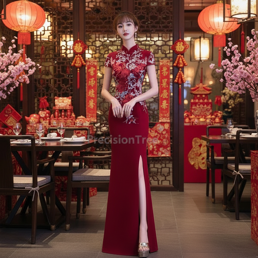 Elegant Embroidered Cap Sleeves Mono Colour A-Line Qipao Dress in 4 Colours; 4XL Plus Size
