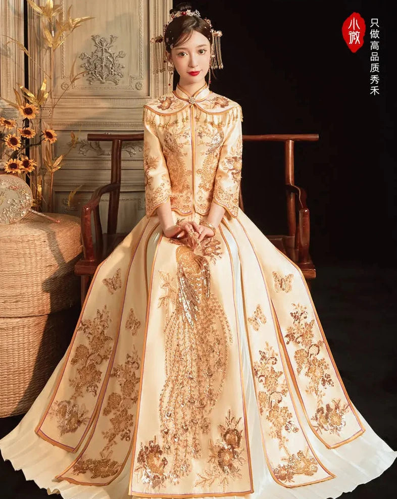 2026 BRIDAL DRESS | Elegant Champagne Satin Slim Fit Sequins Embroidered Chinese Wedding Cheongsam and Skirt; 2XL Plus Size