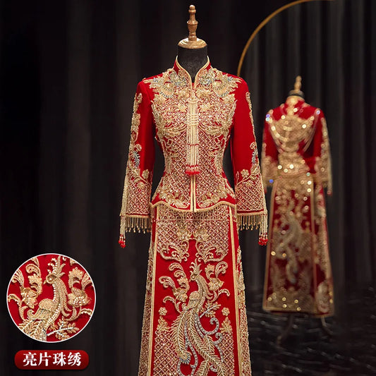 BRIDAL DRESS ｜ Retro Oriental Qipao, Sequins Beading Tassels Embroidered Golden Phoenix Velour Wedding Dress; 2XL Plus Size