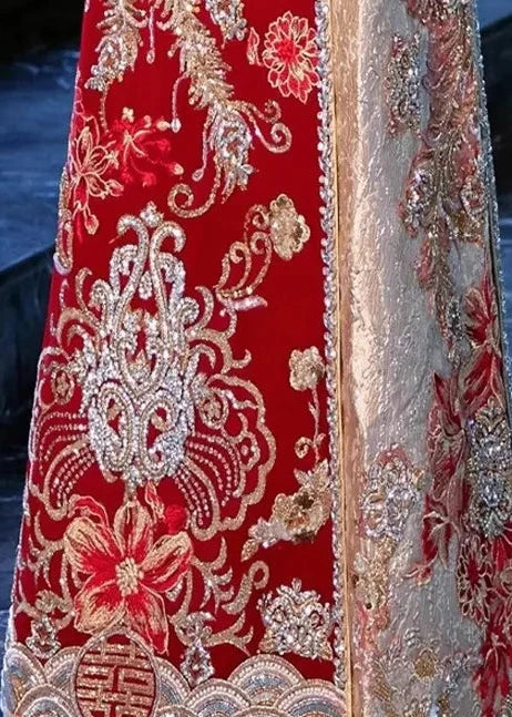 BRIDAL DRESS | 2026 Latest Style,  Satin Jacquard Embroidered Gold and Sliver Phoenix Double Happiness Florals Slim Fit Maxi Wedding Dress; 2XL Plus Size