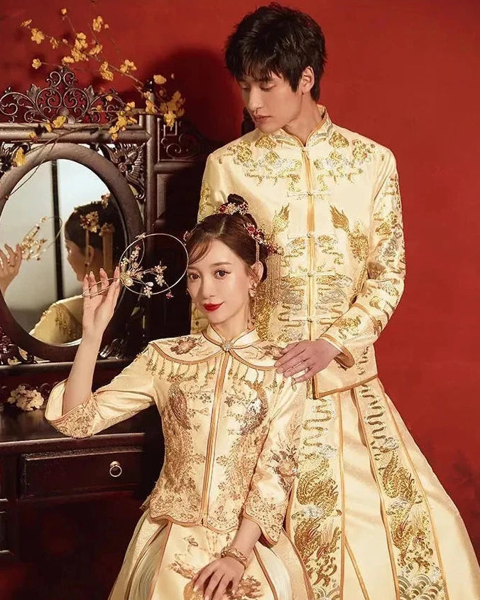 2026 BRIDAL DRESS | Elegant Champagne Satin Slim Fit Sequins Embroidered Chinese Wedding Cheongsam and Skirt; 2XL Plus Size