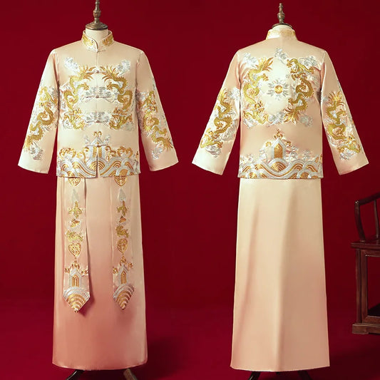 Polyester Embroidered Champagne-colored Traditional Wedding Cheongsam for Groom; 4XL Plus Size