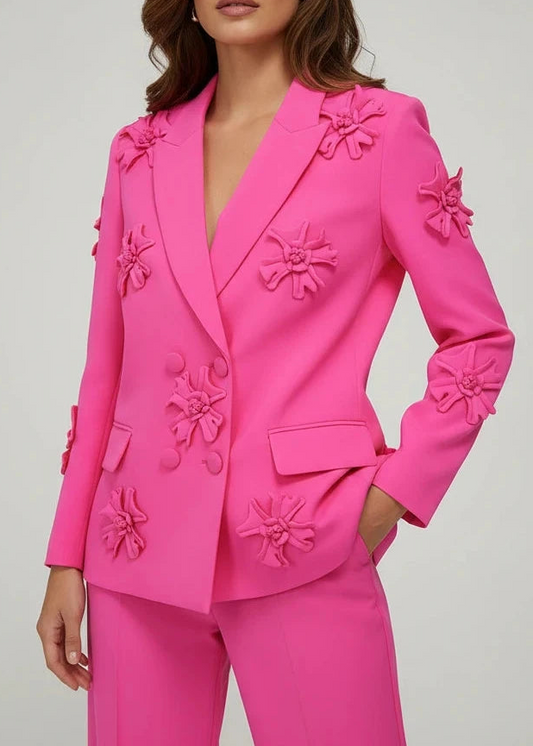 EXECUTIVE OUTFITS｜HIGH STREET Women's Stereoscopic Flowers Appliques Double Breasted Long Blazer in 2 Colours ; 4XL Plus Size