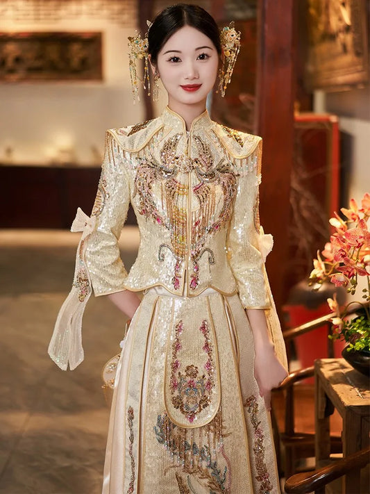 Sequins Phoniex Appliqués Modern  Chinese Wedding Dress in Champagne Colour with Head Ornaments