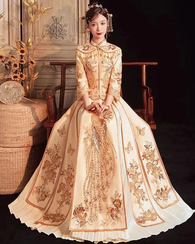 2026 BRIDAL DRESS | Elegant Champagne Satin Slim Fit Sequins Embroidered Chinese Wedding Cheongsam and Skirt; 2XL Plus Size