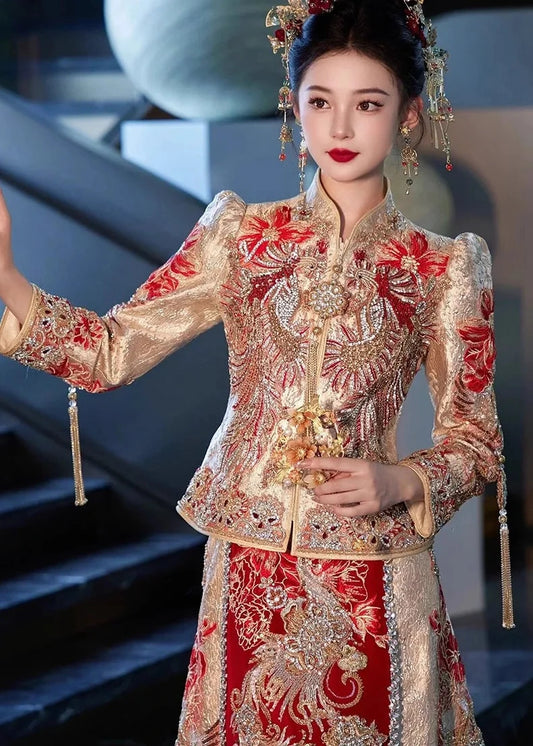 BRIDAL DRESS | 2026 Latest Style,  Satin Jacquard Embroidered Gold and Sliver Phoenix Double Happiness Florals Slim Fit Maxi Wedding Dress; 2XL Plus Size