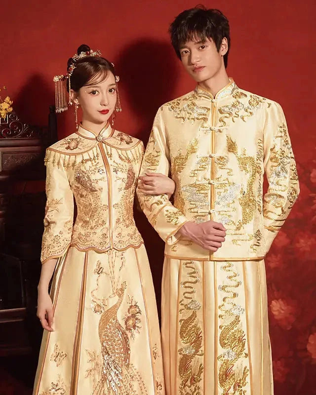 2026 BRIDAL DRESS | Elegant Champagne Satin Slim Fit Sequins Embroidered Chinese Wedding Cheongsam and Skirt; 2XL Plus Size