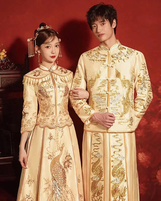 2026 BRIDAL DRESS | Elegant Champagne Satin Slim Fit Sequins Embroidered Chinese Wedding Cheongsam and Skirt; 2XL Plus Size
