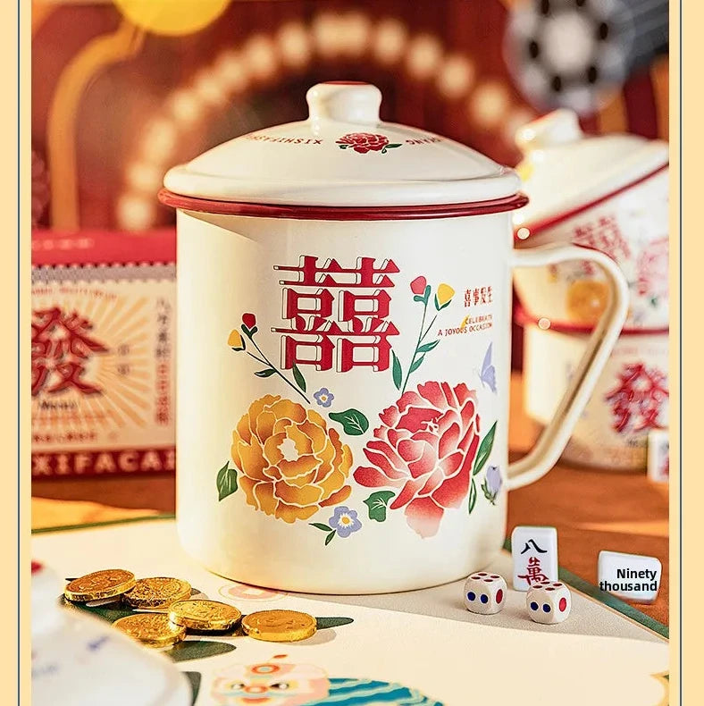 WEDDING HOUSEWARMING GIFTS | DOUBLE HAPPINESS FLORAL Enamel Cups and Cooking Pots with Lid