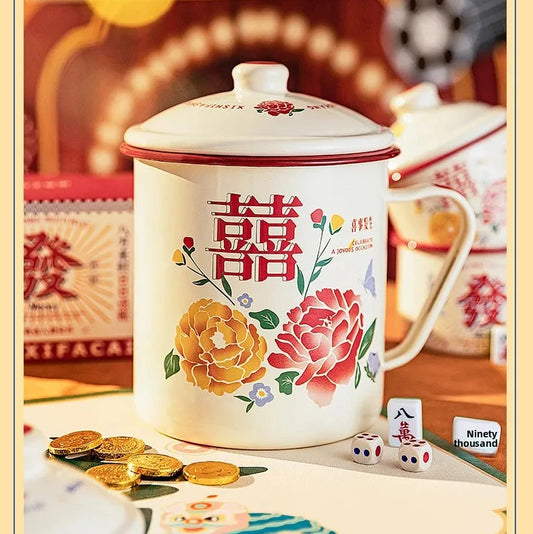 WEDDING HOUSEWARMING GIFTS | DOUBLE HAPPINESS FLORAL Enamel Cups and Cooking Pots with Lid