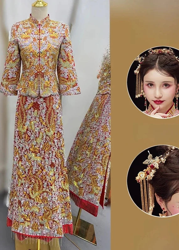 BRIDAL DRESS | 2026AW Traditional Embroidered Rhinestones Golden Dragon And Phoenix on Satin Bridal Cheongsam