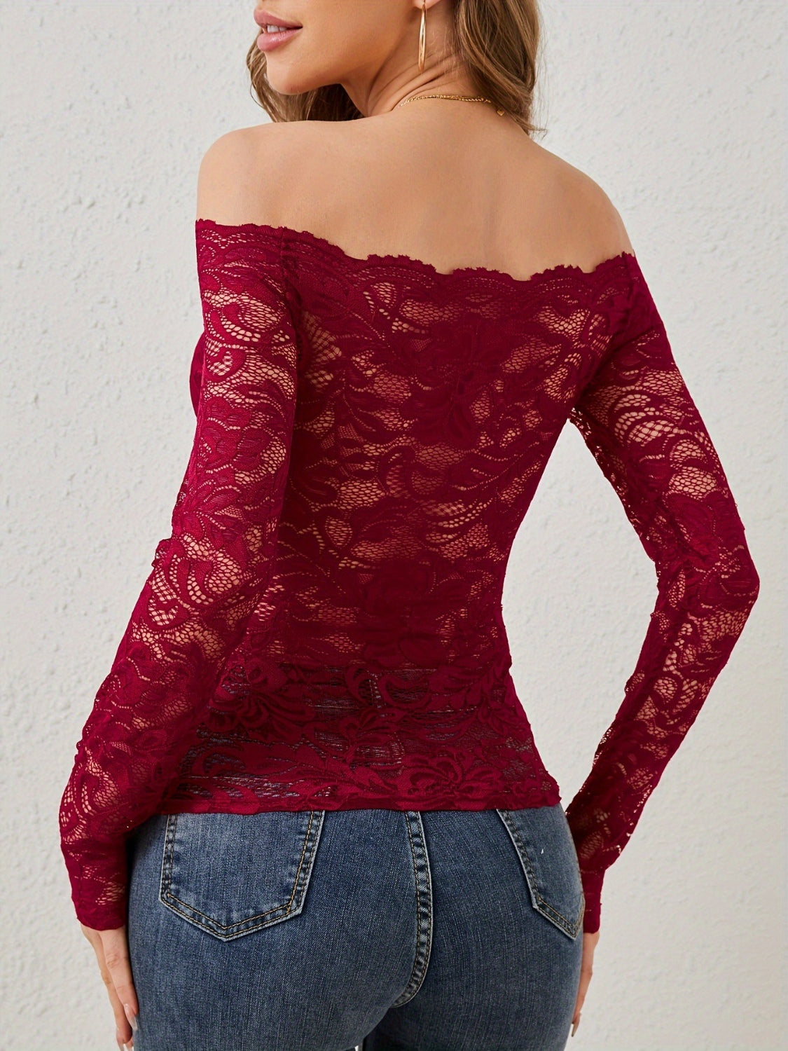 Off-Shoulder Long Sleeve Slim-Fit Lace Top in 3 Colours