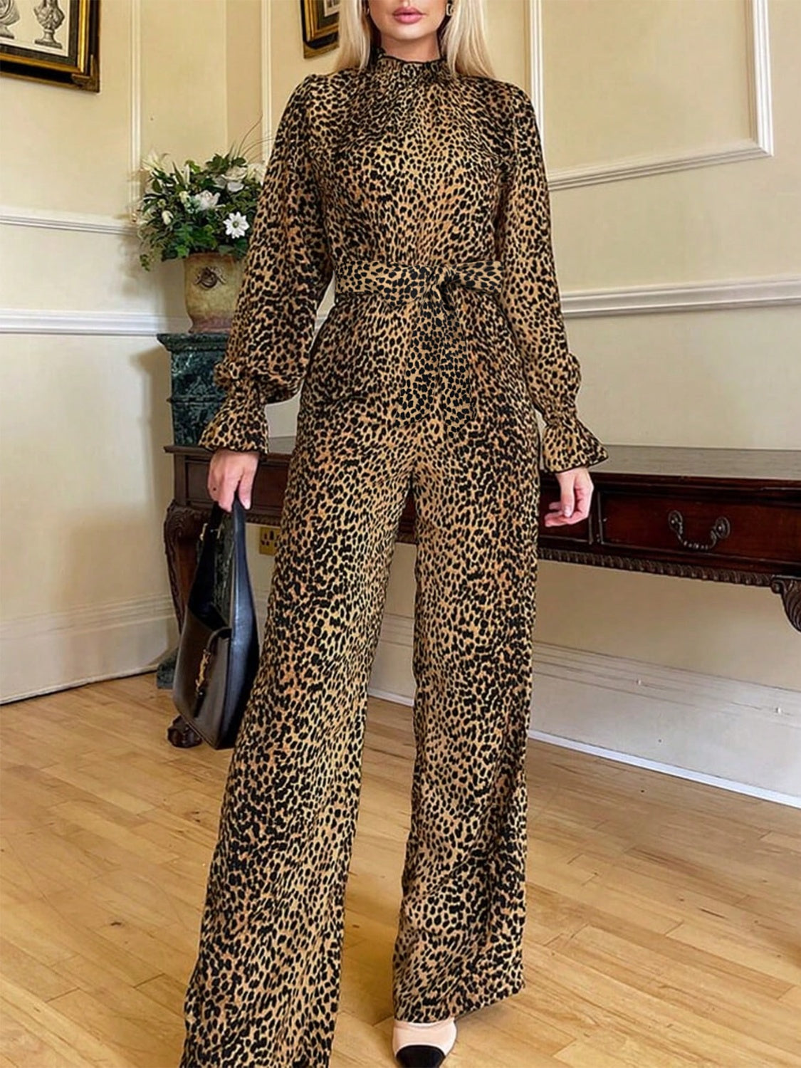 Elegant Leopard Flare Sleeve Jumpsuit